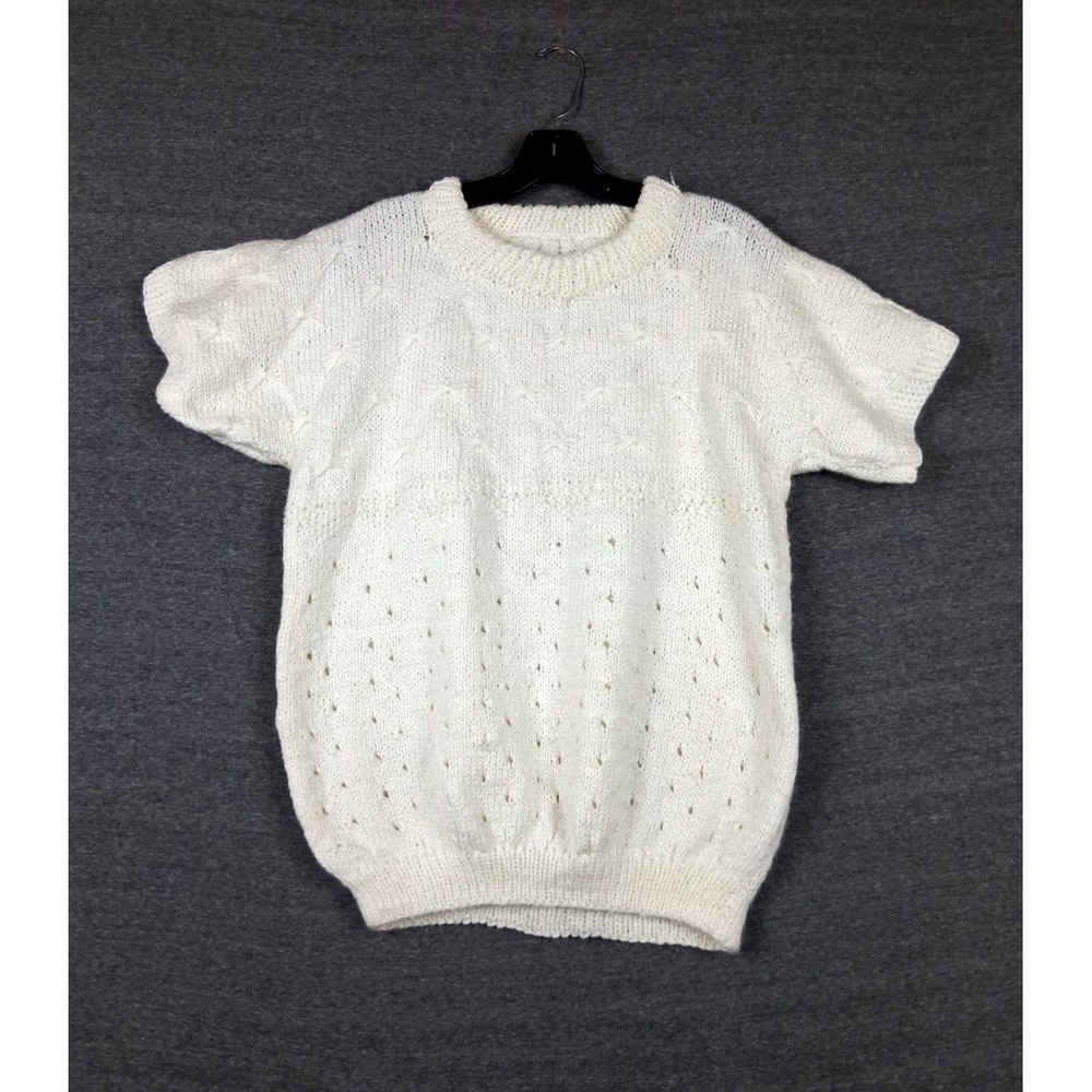 VTG Unbranded Womens Sweater M White Pointelle Ribbon Knit Coquette Soft Girl